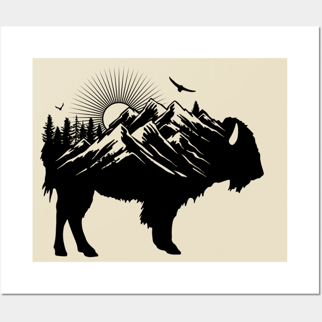 Buffalo Silhouette - Retro Bison Mountain - Buffalo Lover Wall Art by OrangeMonkeyArt